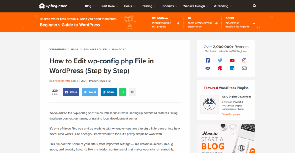 Online article with the title "How to Edit wp-config.php File in WordPress (Step by Step)."