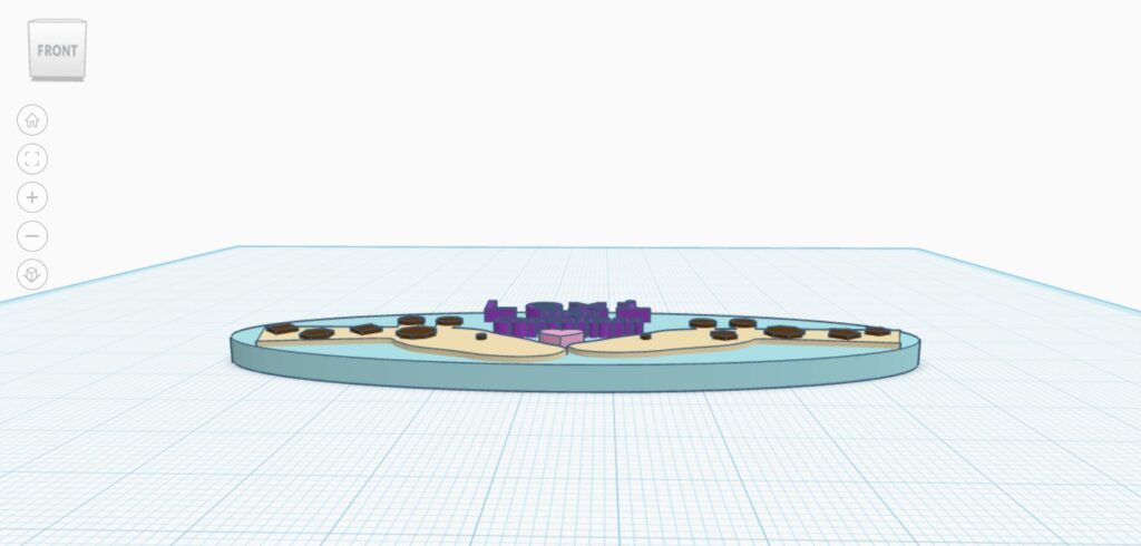 Partially profile, partially aerial view of my 3D nametag on Tinkercad website