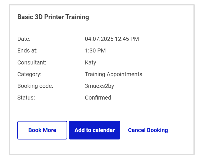 Confirmation of training appointment booking with Katy to learn the 3D printer.