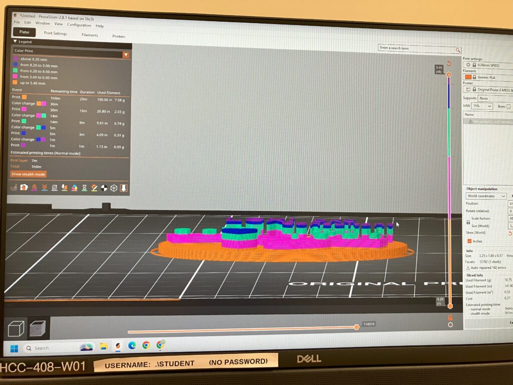 A computer screen with a profile view of a nametag in the Prusa slicing software.