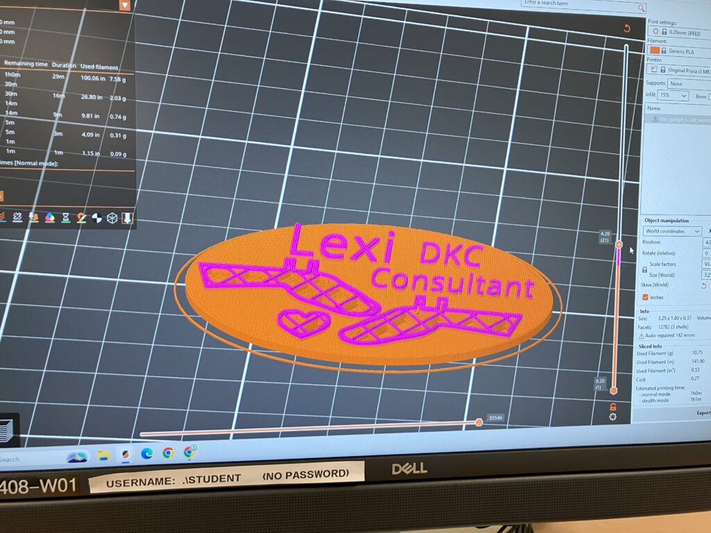 A computer screen with a partial nametag in the Prusa slicing software.