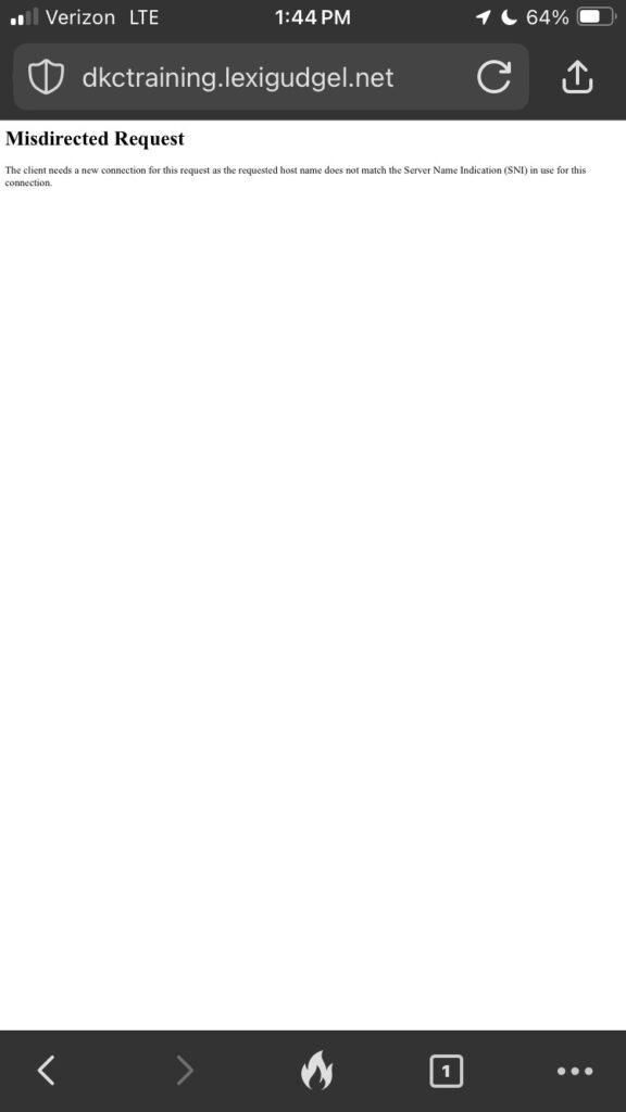 A phone screen. The site URL reads "dkctraining.lexigudgel.net," but the website says "misdirected request."